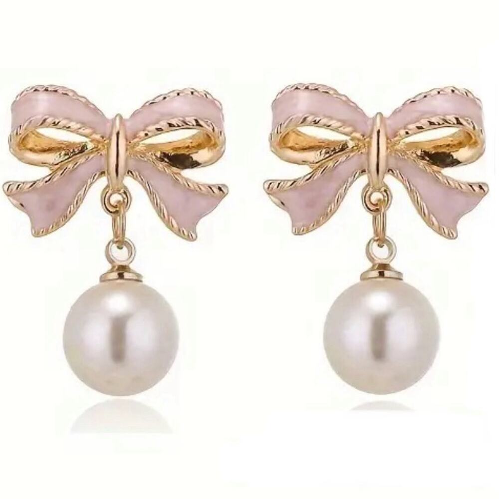 Pink Enamel Bow and Pearl Earrings